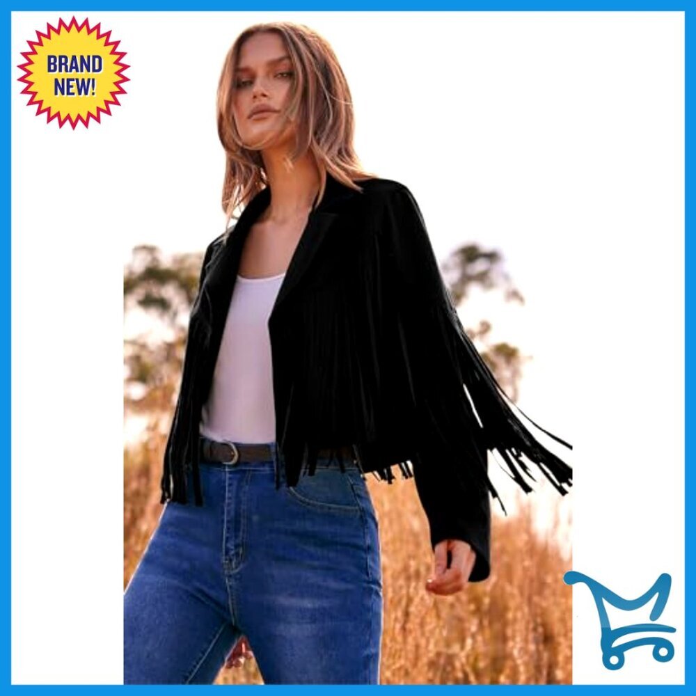 Faux Suede Fringe Cropped Jacket Y2K Chic Motorcycle Style Open Front - Picture 3 of 7